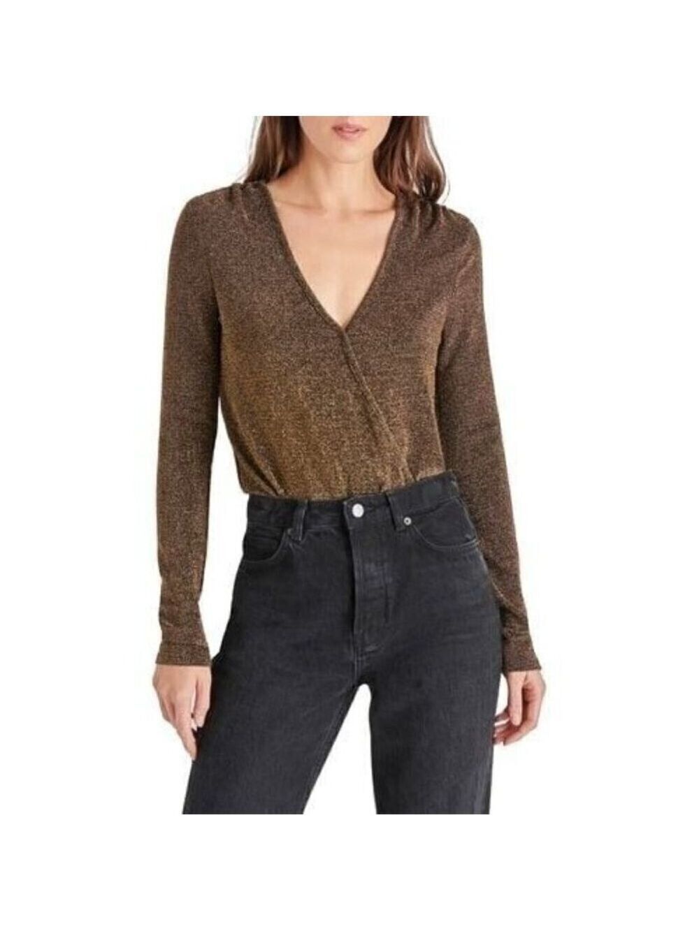 Steve Madden BNWT womens gold glitter faux wrap bodysuit sz small long sleeve